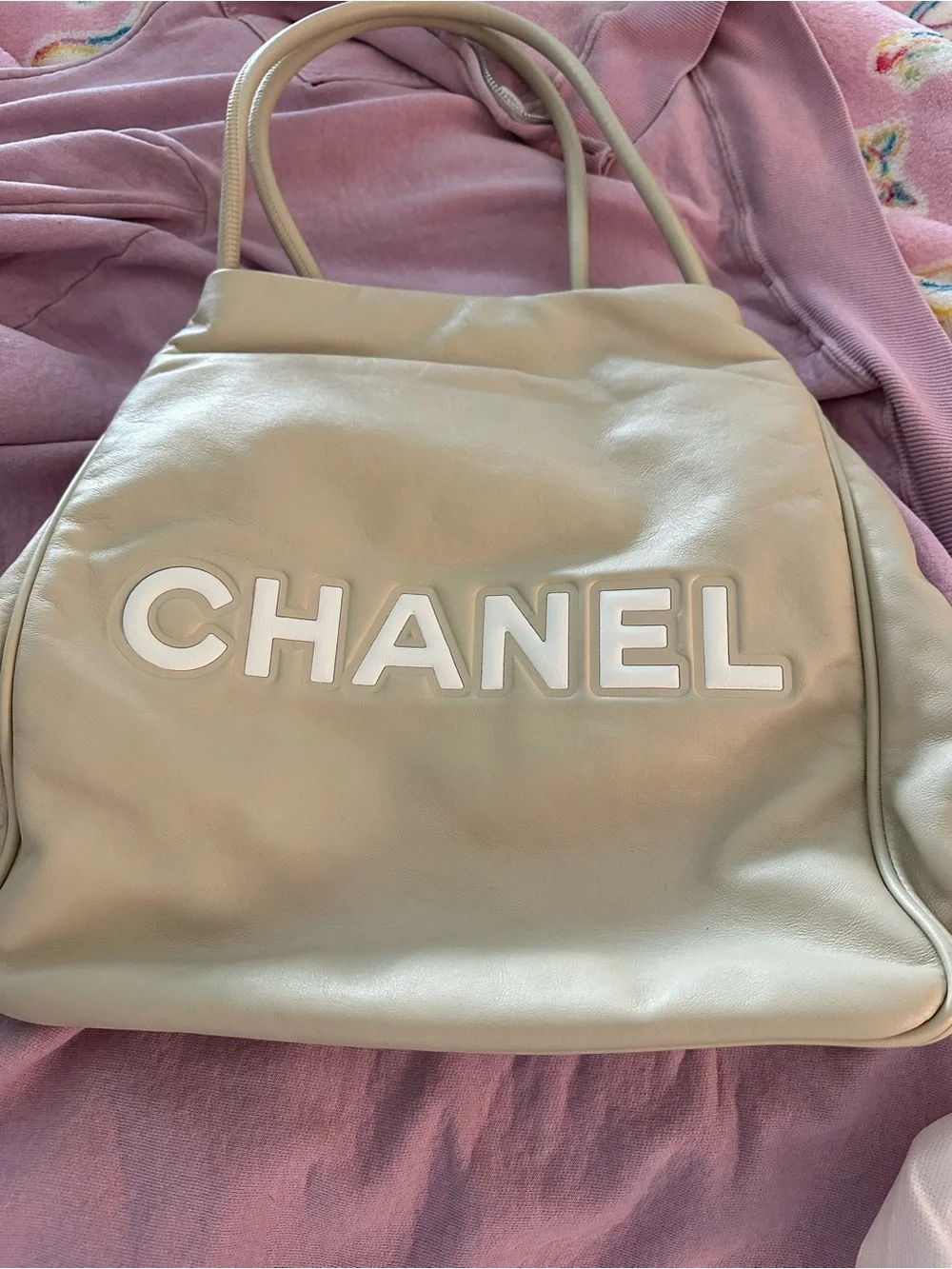 CHANEL Cream Shoulder Bag with White Camellia Motif